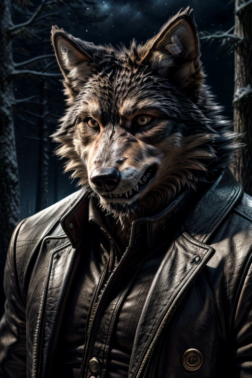 ((A excited looking werewolf with black fur and wild eyes, looks at the viewer with a dirty smile on his face)) dark t-shirt, trucker jacket, dark jeans, standing on car, tall, strong, wolf ears, waging tail, thick fur, full body in frame, raunchy, claws, perfect eyes, detailed eyes, big paws, shaggy fur, detailed fur texture, realistic fur, looking at camera, night, stars, tree line, outdoors, moonlight, (by Taran Fiddler)