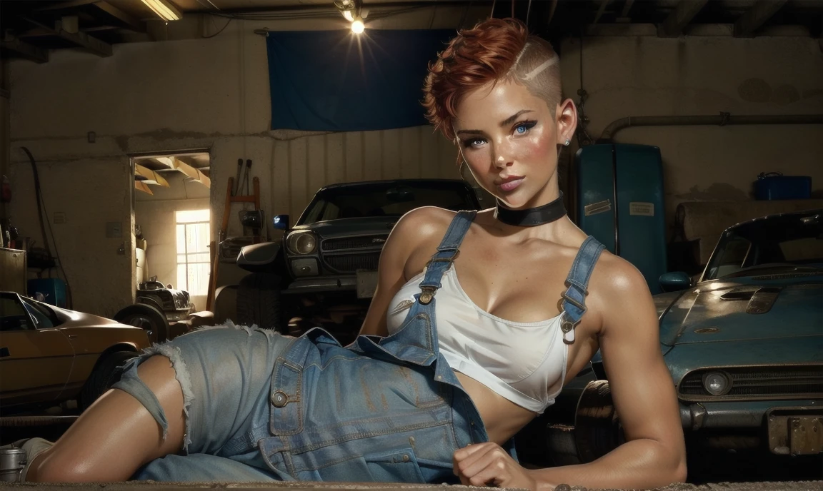 1 woman, 18 years old, sexy natural-colored haircut. cute toned bad-girl charming mechanic in a auto garage smirking at you, wearing a modest white tank top under blue overalls. auto garage background.