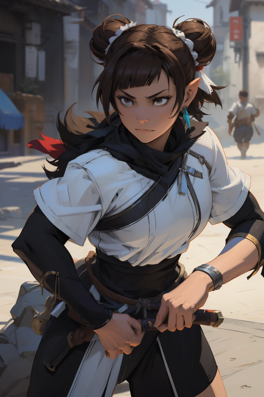 a cartoon drawing of a woman with a sword and a broken arm, makoto shinkai ( apex legends ), cushart kenz, official character art, loba andrade from apex legends, fighter pose, character artwork, valorant character, ( ( character concept art ) ), fighting game character, female protagonist 👀 :8, official concept art, detailed anime character art LAUFEN, SHORT HAIR, DOUBLE BUN, BLUNT BANGS, Laofen, brown hair, brown eyes, hair_ornament,