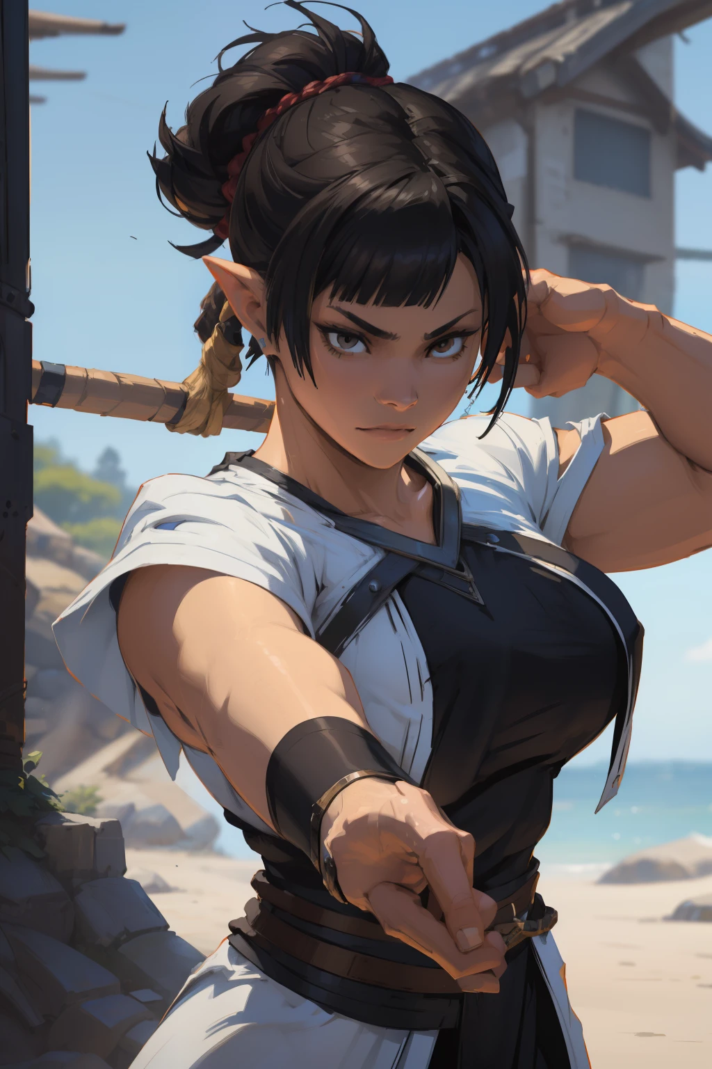 a cartoon drawing of a woman with a sword and a broken arm, makoto shinkai ( apex legends ), cushart kenz, official character art, loba andrade from apex legends, fighter pose, character artwork, valorant character, ( ( character concept art ) ), fighting game character, female protagonist 👀 :8, official concept art, detailed anime character art LAUFEN, SHORT HAIR, DOUBLE BUN, BLUNT BANGS, Laofen, brown hair, brown eyes, hair_ornament,