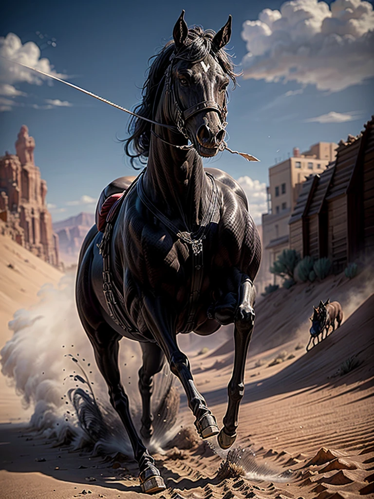 Prompt : create a dramatic scene featuring a majestic black venom horse with a mouth full of sharp teeth galloping across a dusty field under a clear blue sky is riding by a two man in the desert landscape 
