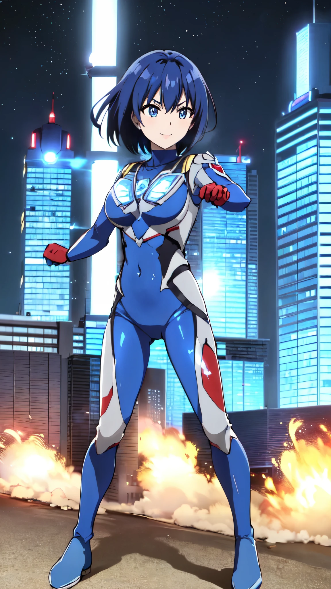 (Highest quality,4K,8k,masterpiece:1.2),michirutojo, View your viewers,
Blue Hair, Cowboy Shot,(Ultra Girl:1.0),(Bright blue Ultraman bodysuit:1.4),(Combat pose:1.3)Large Breasts,smile,( trained abs ), Trained Biceps,(Buildings:1.2)、Night view