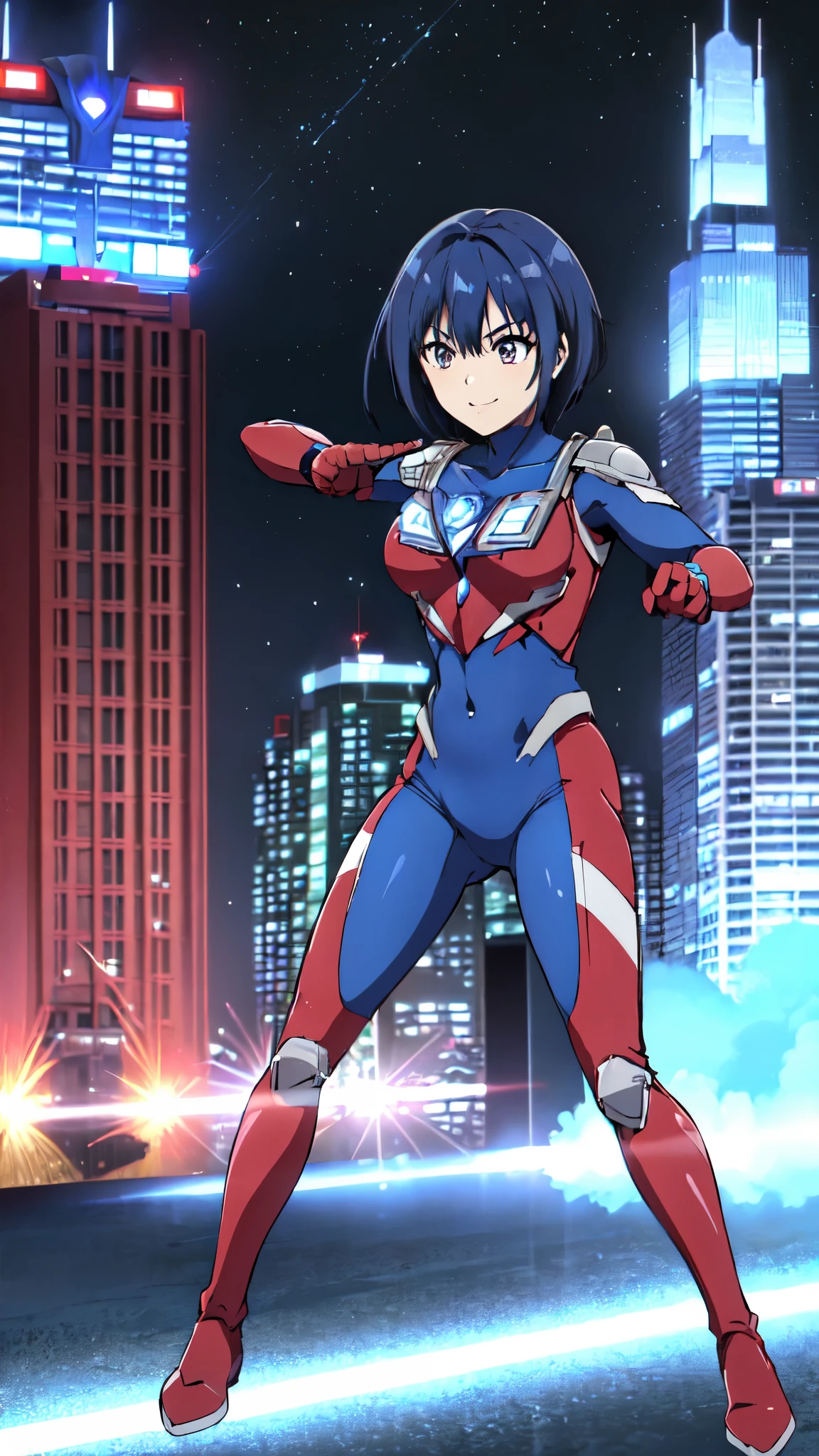 (Highest quality,4K,8k,masterpiece:1.2),michirutojo, View your viewers,
Blue Hair, Cowboy Shot,(Ultra Girl:1.0), ( red Ultraman bodysuit:1.4),(Combat pose:1.3)Large Breasts,smile,( trained abs ), Trained Biceps,(Buildings:1.2)、Night view