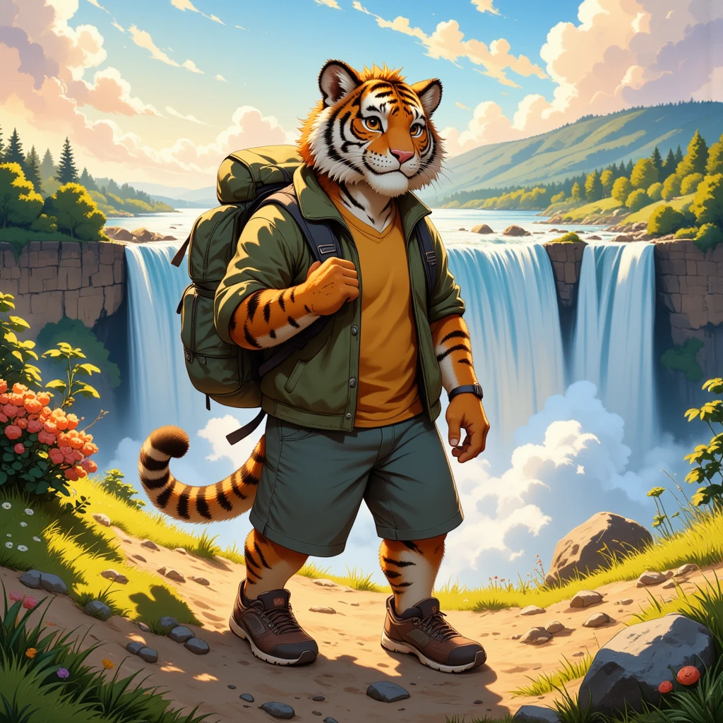 character focus, full body, looking away, from above, dynamic angle, american country, backpacker, middle-aged tiger man, BREAK happy, little smile, clothed, jacket, shirt, backpack, baseball cap, half pants, sneaker, standing, hiking, dynamic pose, complete anatomy, perfect proportions, beautiful thigh gap, fluffy body, intricate fur details, beautiful fur texture, BREAK (a detailed tiger 1tail), detailed sneaker, beautiful foot, BREAK detailed hands, 5fingers, 5fingers nails, BREAK aesthetic anime face, insanity detailed face, male face, big face, square jawline, aesthetic anime eyes, detailed brown eyes, detailed brown cornea, detailed dark brown irises, detailed pupils, male eyes, big eyes, male eyebrows, innocent look, beautiful beard, BREAK full body in Michelangelo Buonarroti style, housamo style, watercolor-style, detailed painting landscape, afternoon, hillside, niagara falls, outdoor, full color, HDR, BREAK masterpiece, official art, best quality, very aesthetic, absurdres, super fine illustration, great quality, BREAK noise reduction, very highres, large filesize, high quality, 32K, 8k wallpaper, dynamic lighting, BREAK insanity detailed, ultra detailed, intricate details, extremely detailed, detailed texture, an extremely delicate and beautiful, full color, HDR, BREAK e621 illustration, osukemo, kemohomo, anthropomorphic, furry, cartoon, harmonious body, pastoral face, virtuous eyes, country atmosphere