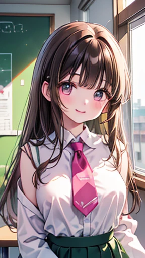 Young woman、smile、((Brown Hair、 semi-long hair))、 blanking、Green、(( pink lip gloss))、masterpiece、 Kampala、16k、 Long Sleeve  、(Very close:1.5)、School classroom、(Upper body close-up), big chest、