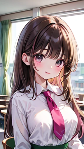 Young woman、smile、((Brown Hair、 semi-long hair))、 blanking、Green、(( pink lip gloss))、masterpiece、 Kampala、16k、 Long Sleeve  、(Very close:1.5)、School classroom、(Upper body close-up), big chest、