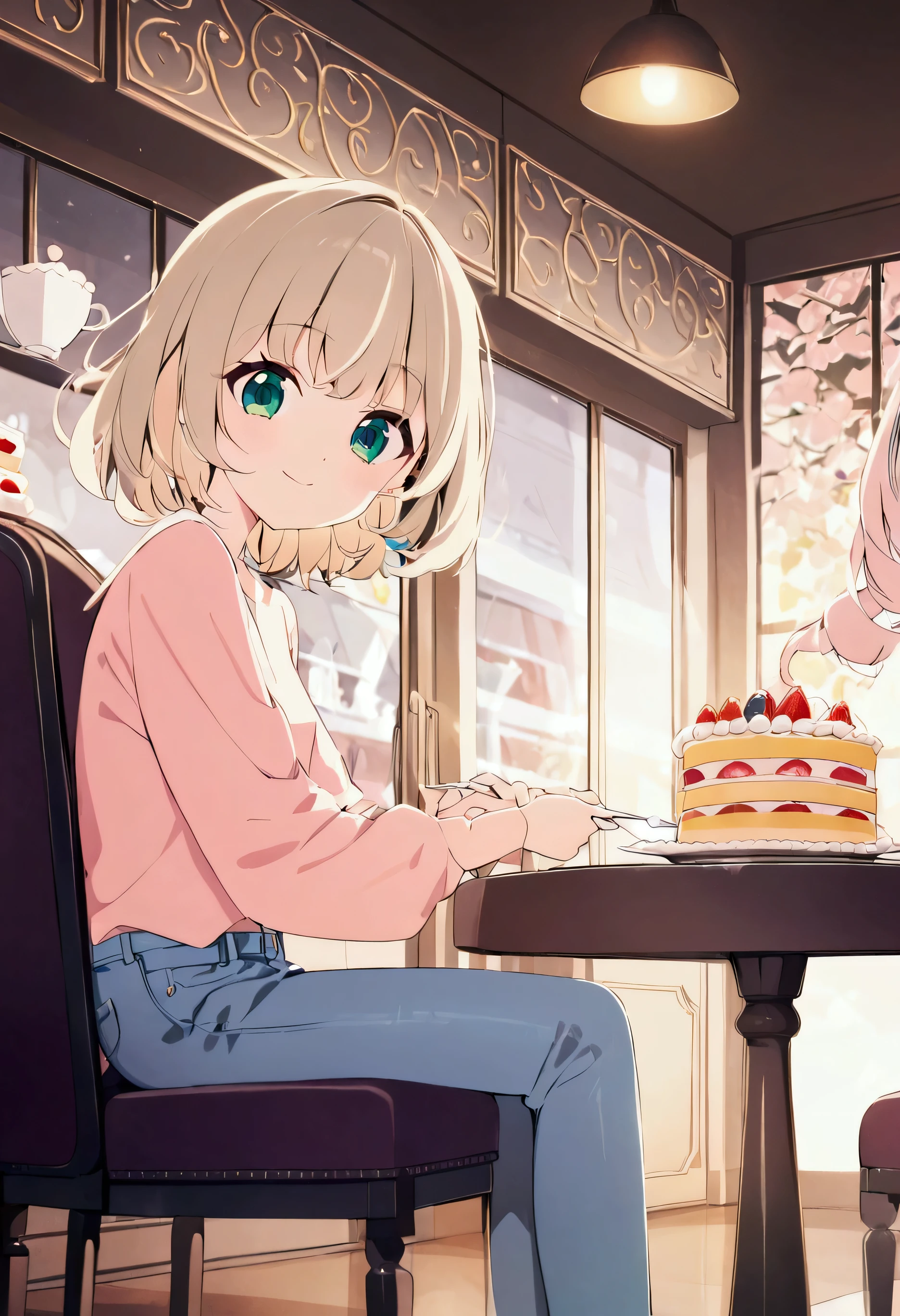Best Quality、8k、Representative Works:1.3、 Japanese anime style、Human Girl、1 person、1 person、Petite、 Glamorous Bodies、curve、cute、Smiling expression、 eat cake deliciously 、 beautiful long platinum blonde hair 、 beautiful emerald green eyes 、 pastel pink long sleeve t-shirt 、 denim pants 、Blue Sneakers、White Sox、Inside a street corner cafe 、 sit on a chair facing the table 、 a plate with lots of cakes placed on the table、 hold a cake in your right hand 、 coffee cup with your left hand 、