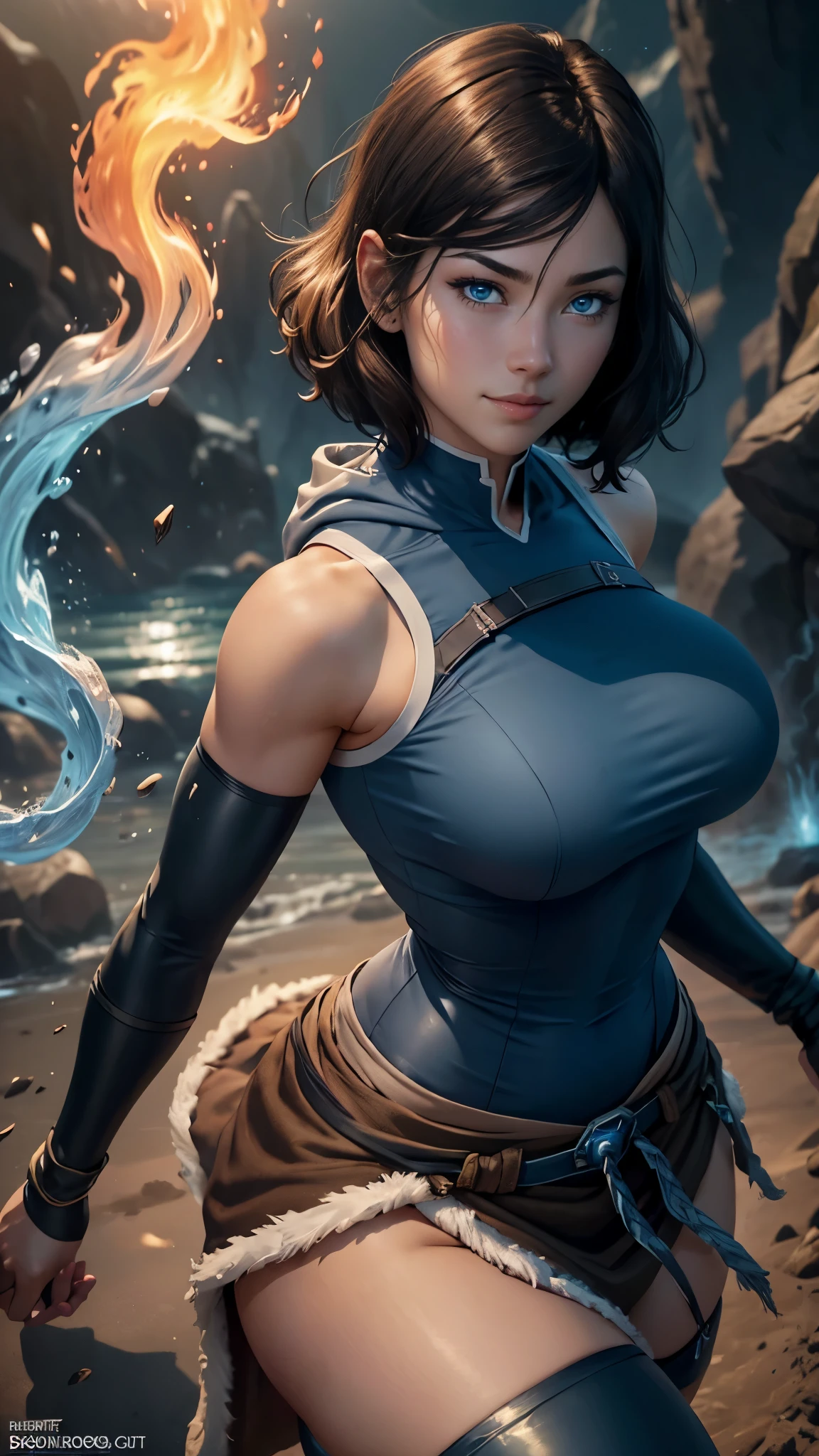 Korra da avatar,(best quality, 4K,8k,high resolution,work of art:1.2)(weather: showing), artic background, ninja village, wide hips, short curly hair, brown hair, freckles, sleeveless ninja hoodie top, steel corset, tight micro skirt, shinobi leggings, ninja harness, ninja boots, elbow long gloves, light makeup, dark eyeliner, blush, flirting pose, glowing eyes, ultra detailed, portrait, realistic, beautiful detailed blue eyes, beautiful detailed lips, extremely detailed eye and face, long eyelashes,average, large breasts, flying hair, beaming smile, sexy smile, powerful girl, bright coloured, dramatic lighting, fire and water bending,