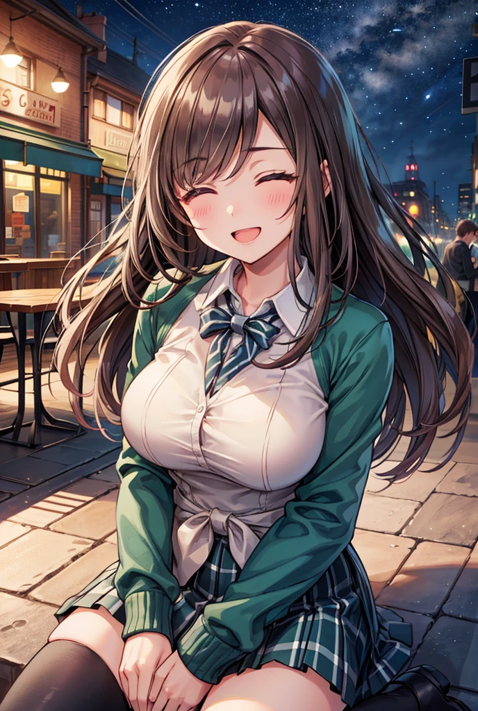  1 girl, solo,  Kampala, Long Hair, Large Breasts, smile,  Teal Eyelids, Brown Hair, In the streets of England ,  Kampala, masterpiece, accurate,  anatomically correct, 最high quality,  detail, 高い detail,  high image quality model, high quality,  very detailed ,  textured skin,  ultra-fine, high school winter uniform ,  green plaid mini skirt,  black long boots with black ribbons, Cooking on the desk, Emphasize the upper body, French restaurant , night,Terrace seats, Starry Sky, autumn, (whole body), sit on a chair, Teenage Girls, high school student, Fun Dates, (( close eyes)), Open your mouth, ((Hands on chest)), 