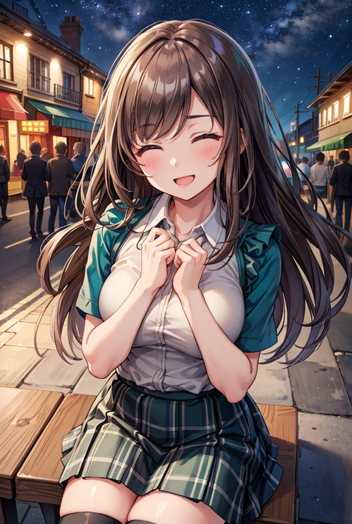  1 girl, solo,  Kampala, Long Hair, Large Breasts, smile,  Teal Eyelids, Brown Hair, In the streets of England ,  Kampala, masterpiece, accurate,  anatomically correct, 最high quality,  detail, 高い detail,  high image quality model, high quality,  very detailed ,  textured skin,  ultra-fine, high school winter uniform ,  green plaid mini skirt,  black long boots with black ribbons, Cooking on the desk, Emphasize the upper body, French restaurant , night,Terrace seats, Starry Sky, autumn, (whole body), sit on a chair, Teenage Girls, high school student, Fun Dates, (( close eyes)), Open your mouth, ((Hands on chest)), 