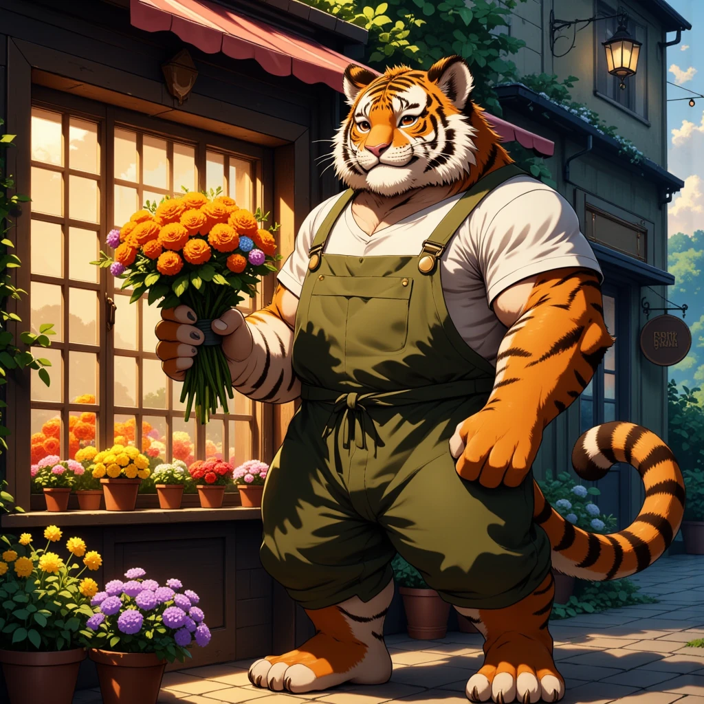 character focus, full body, looking away, dynamic angle, florist, a muscular middle-aged tiger man, happy, light smile, marigold, shirt, slacks, apron, standing, presenting a bouquet of flowers, dynamic pose, evening, england, flower shop, outdoor, detailed painting landscape, BREAK full body in Michelangelo Buonarroti style, housamo style, digital illustration anime, full color HDR, BREAK complete anatomy, perfect proportions, beautiful thigh gap, fluffy body, intricate fur details, beautiful fur texture, BREAK (a detailed tiger 1tail, detailed boots, detailed foot), detailed hands, 5fingers, 5fingers nails, BREAK aesthetic anime face, insanity detailed face, male face, big face, square jawline, aesthetic anime eyes, detailed brown eyes, detailed brown cornea, detailed dark brown irises, detailed pupils, male eyes, big eyes, male eyebrows, innocent look, beautiful beard, BREAK masterpiece, official art, best quality, very aesthetic, absurdres, super fine illustration, great quality, BREAK noise reduction, very highres, large filesize, high quality, 32K, 8k wallpaper, dynamic lighting, BREAK insanity detailed, ultra detailed, intricate details, extremely detailed, detailed texture, an extremely delicate and beautiful, BREAK e621 illustration, osukemo, kemohomo, anthropomorphic, furry, cartoon, harmonious body, pastoral face, virtuous eyes, floral atmosphere 