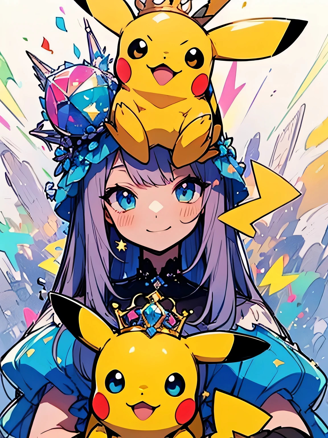 (The main one is cute and detailed Pikachu),Rainbow、A luxurious large jewel crown on the head、(manga style),(sketch),(illustration),