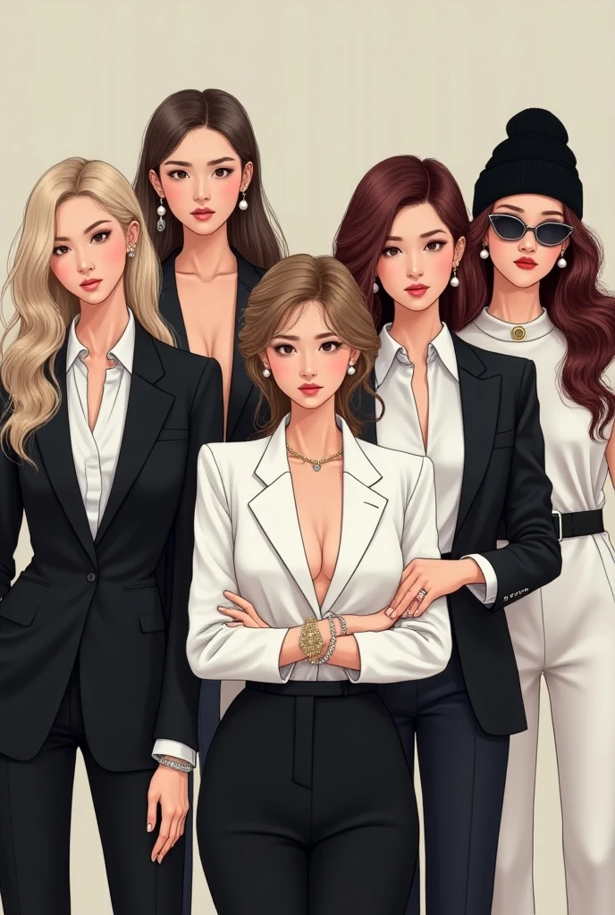 Make me a 2D drawing of five women in their 20s waving, the first one with shoulder length blonde hair with dark brown eyes, the second long wavy brown hair and dark brown eyes, the third shoulder length wavy brown hair with light brown eyes, The fourth one is shorter than the previous ones with light brown eyes and a little bigger., long brown straight hair; the last one with wavy black hair, Dark brown eyes and white skin all dressed in formal white