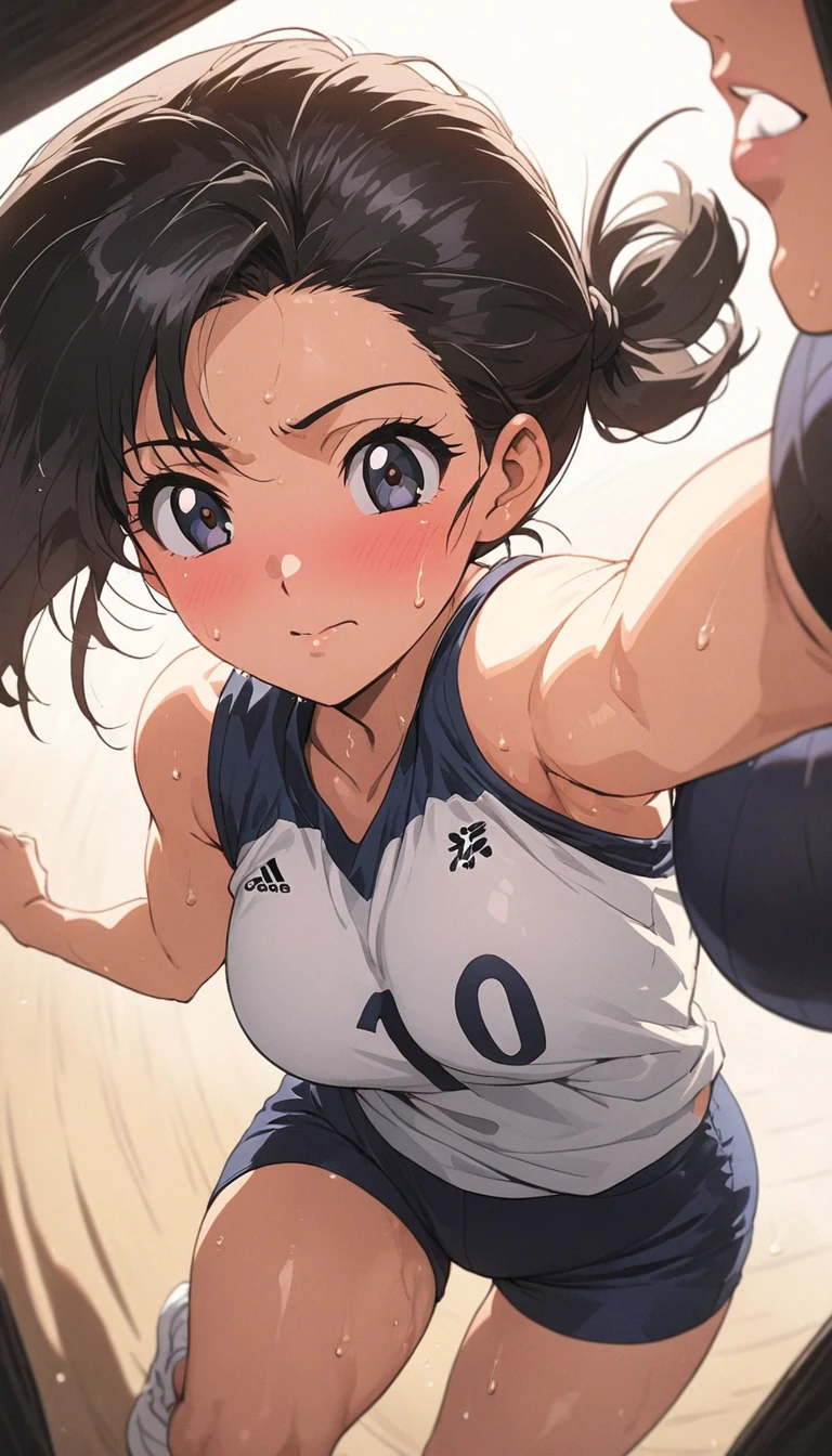 80's style anime, wife character, black hair tied back in a single strand, Showa-ish feel, volleyball player, shorts and sleeveless uniform, number 10 on uniform front and back, very close-up angle of face, slight emphasis on body lines, angle from directly above front, sexy sweat, Masterful image, lo-fi feel, perfect body, motion in motion