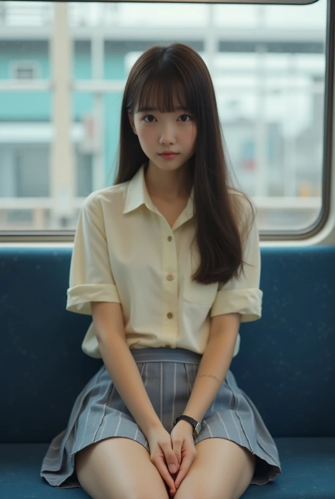 (Realistic:1.3), Shadowy Face, Depth of written border, , 
Beautifully detailed illustrations,Great art,(((Very detailed))),
One girl sitting,bangs,high school girl,sleep,close your eyes,White panties,skirt,
Cowboy Shot,from before
,(((Very detailed))),in the train，ミニskirt, I can see her panties，