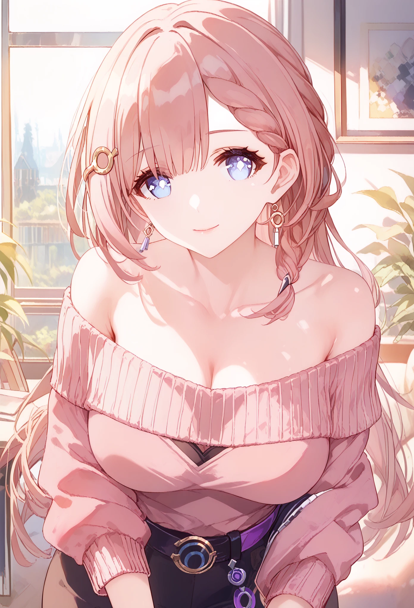 this,honkai star rail, 1 girl, female teacher, Mature Woman, Long Hair,  shiny hair ,   Sparkling Skin  ,Maternal smile,  closed mouth, Large Breasts,  clevis,  off-the-shoulder pink sweater,  upper body,  fingers in the mouth, There are , Peering posture, living room,