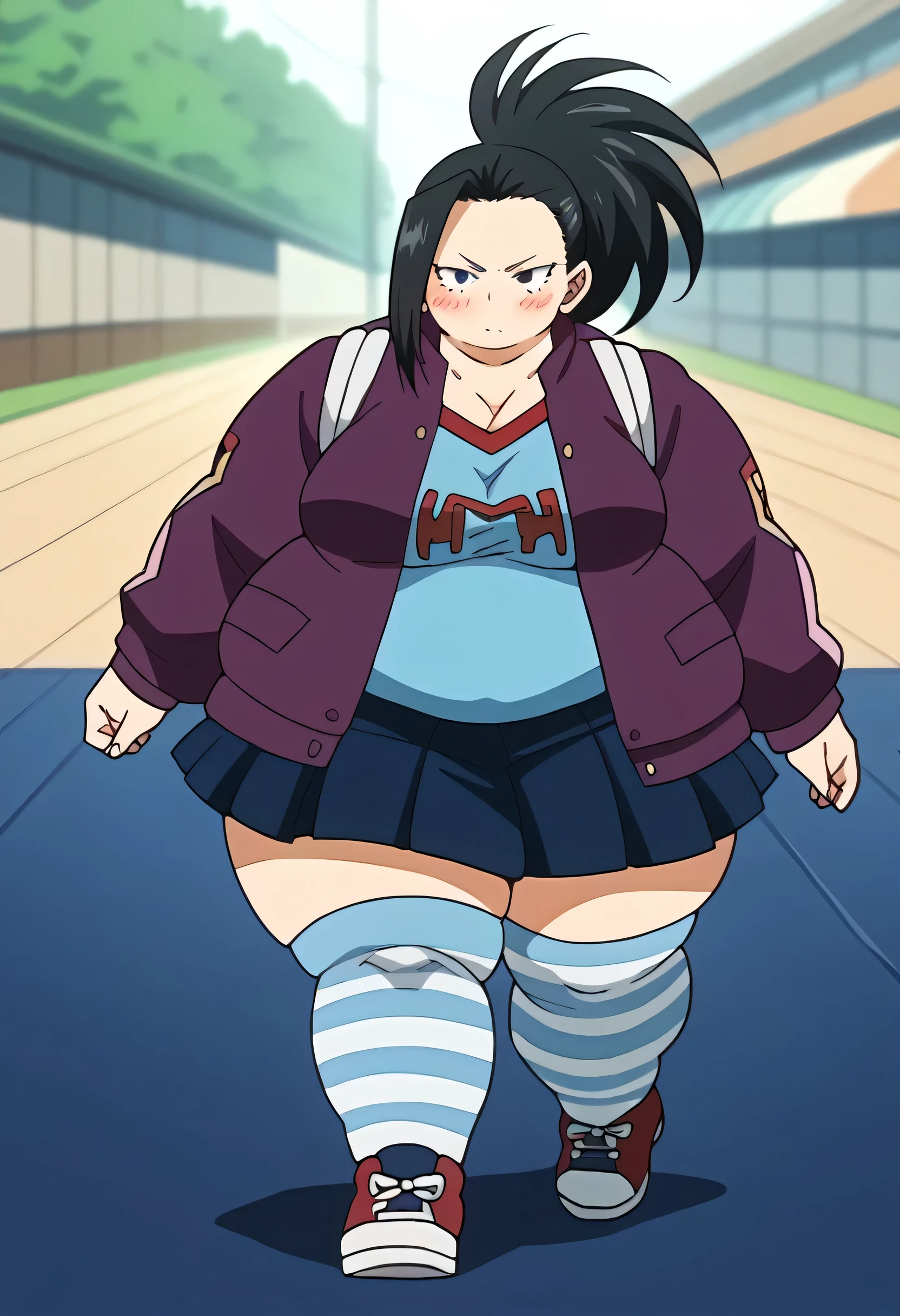 score_9, score_8_up, score_8, source_anime, 1girl, momoyaoyorozu, yaoyorozu momo, black hair, black eyes, solo, ponytails, , long hair, jacket, clothes writing, purple jacket, blue shirt, blue skirt, striped thighhighs, blush, stupid
beach background, blurry background, fat, chubby, obese, gigantic arms and legs