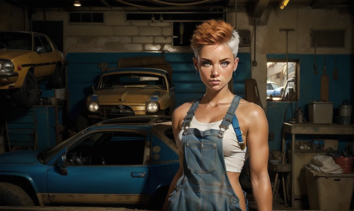 1 woman, 21 years old, sexy natural-colored haircut. cute toned bad-girl charming mechanic in a auto garage, wearing a modest white tank top under blue overalls. looking at you with clear longing. auto garage background.