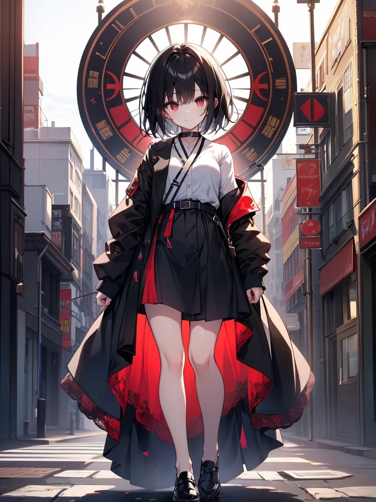 masterpiece, highest quality, highest quality, (no text), Beautiful and aesthetic:1.2),no text,anime、break,anime、break、 one girl 、 Dark Haired Girl Short Hair 　 Slit Eyes Boyish 　adult　 beautiful eyes　red eyes, cool smile　Red and Black　cart　White blouse　 black coat full body outdoor