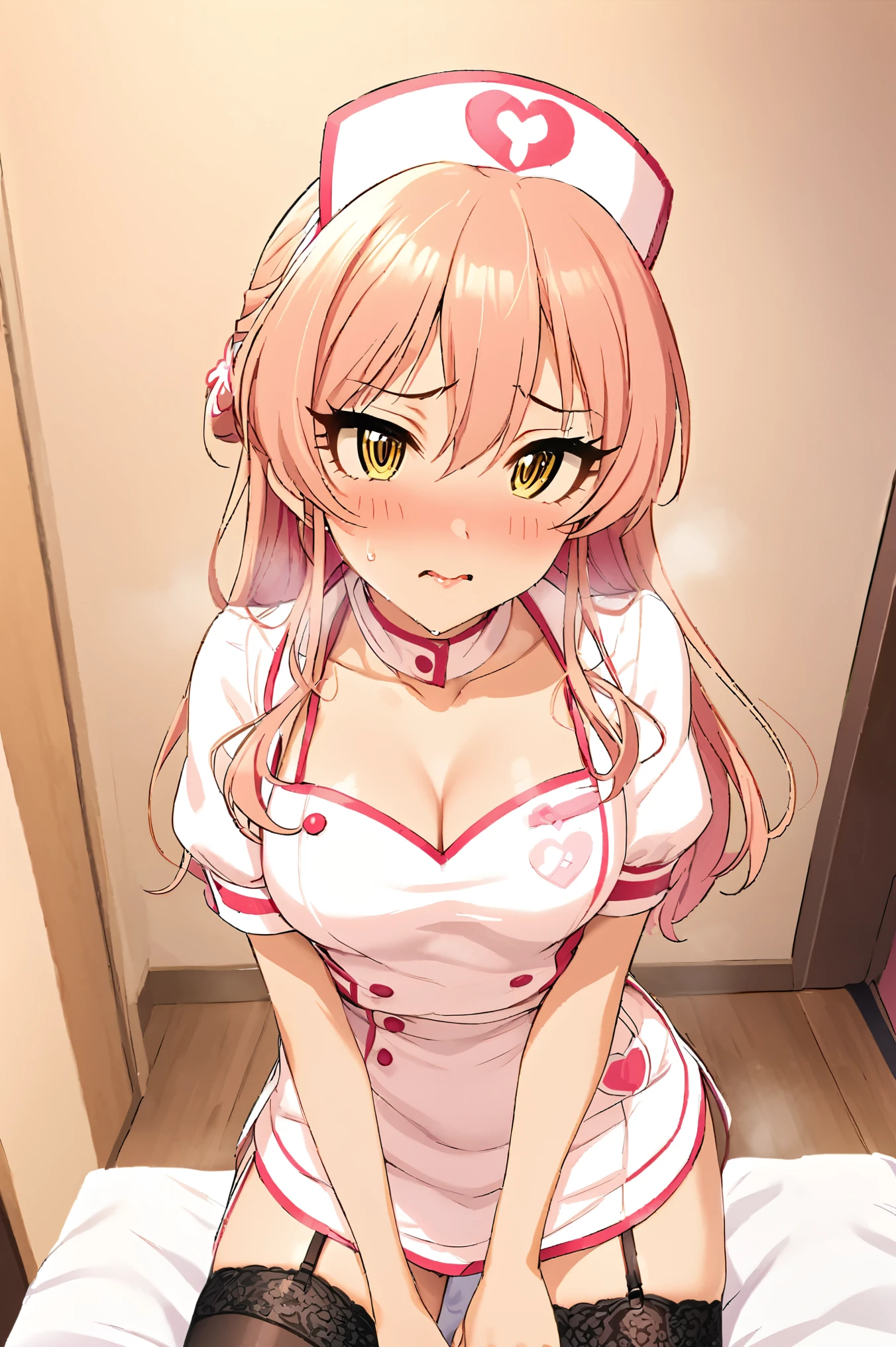 NSFW,masterpiece,Best Quality, Kampala, very detailed ,Mika Jougasaki \( The Idolmaster Cinderella Girls\),Pink Hair、 yellow eyes,Nurse uniform、Chest cut-out、Nurse cap、 garter straps,Embarrassed,blush