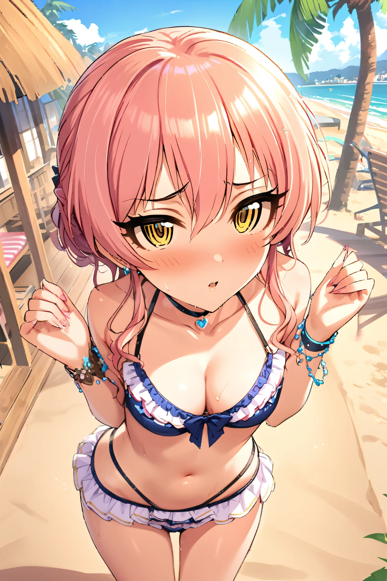 NSFW,masterpiece,Best Quality, Kampala, very detailed ,Mika Jougasaki \( The Idolmaster Cinderella Girls\),Pink Hair、 yellow eyes, Frill Bikinis, halter neck, Multiple Straps,blush,beach, palm trees,Beach House