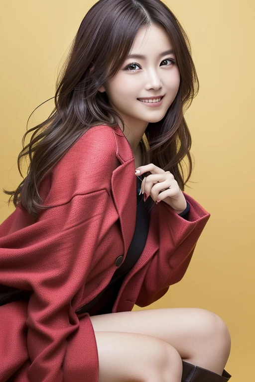 Japanese model wearing a red coat and black boots sitting on a yellow leaf,  Elegant Japanese woman,   wearing a red jacket , Cute Japanese Actress,  looking at the camera 、Detailed and beautiful eyes、Cute smile、A soft and gentle look