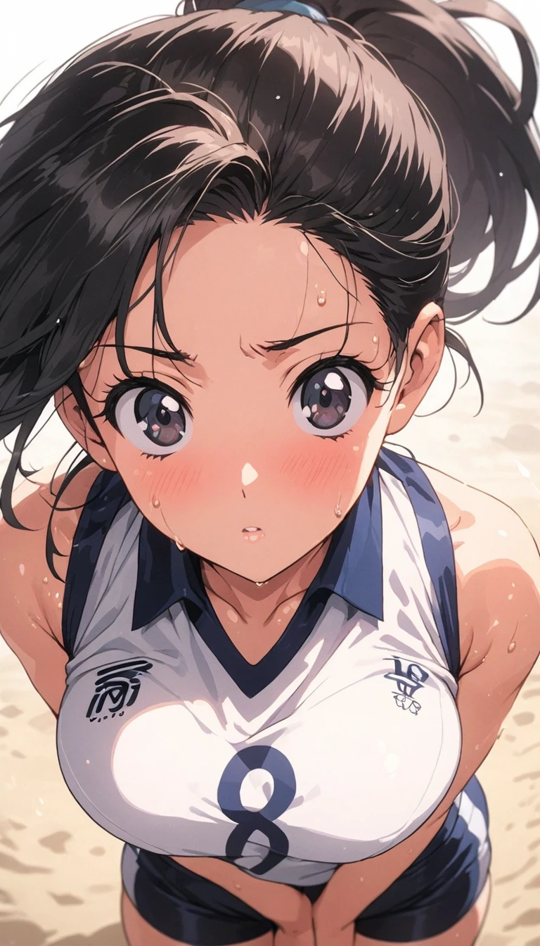 80's style anime, wife character, black hair tied back in a single strand, Showa-ish feel, volleyball player, shorts and sleeveless uniform, number 1 front and back on uniform, very close-up angle of face, slight emphasis on body lines, angle from directly above front, sexy sweat, Masterful image, lo-fi feel, perfect body, motion in motion