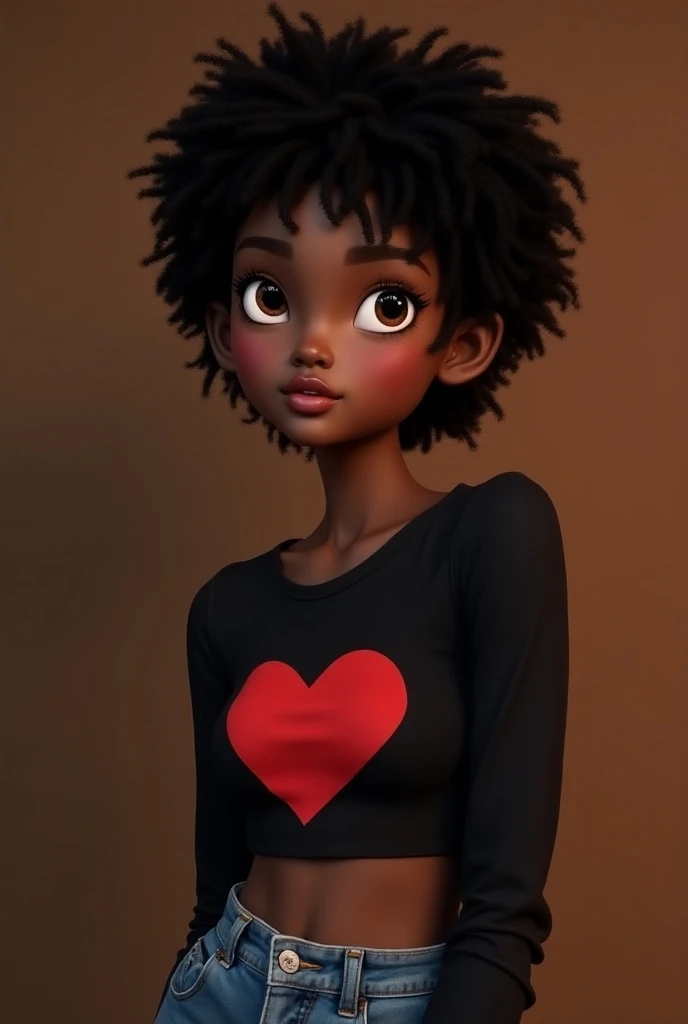 A black girl with a dimple, big beautiful eyes, with pink lips, wearing wide jeans and a black crop top with P and a red heart on the crop top, she has short locks that make a fringe that hides her round. 