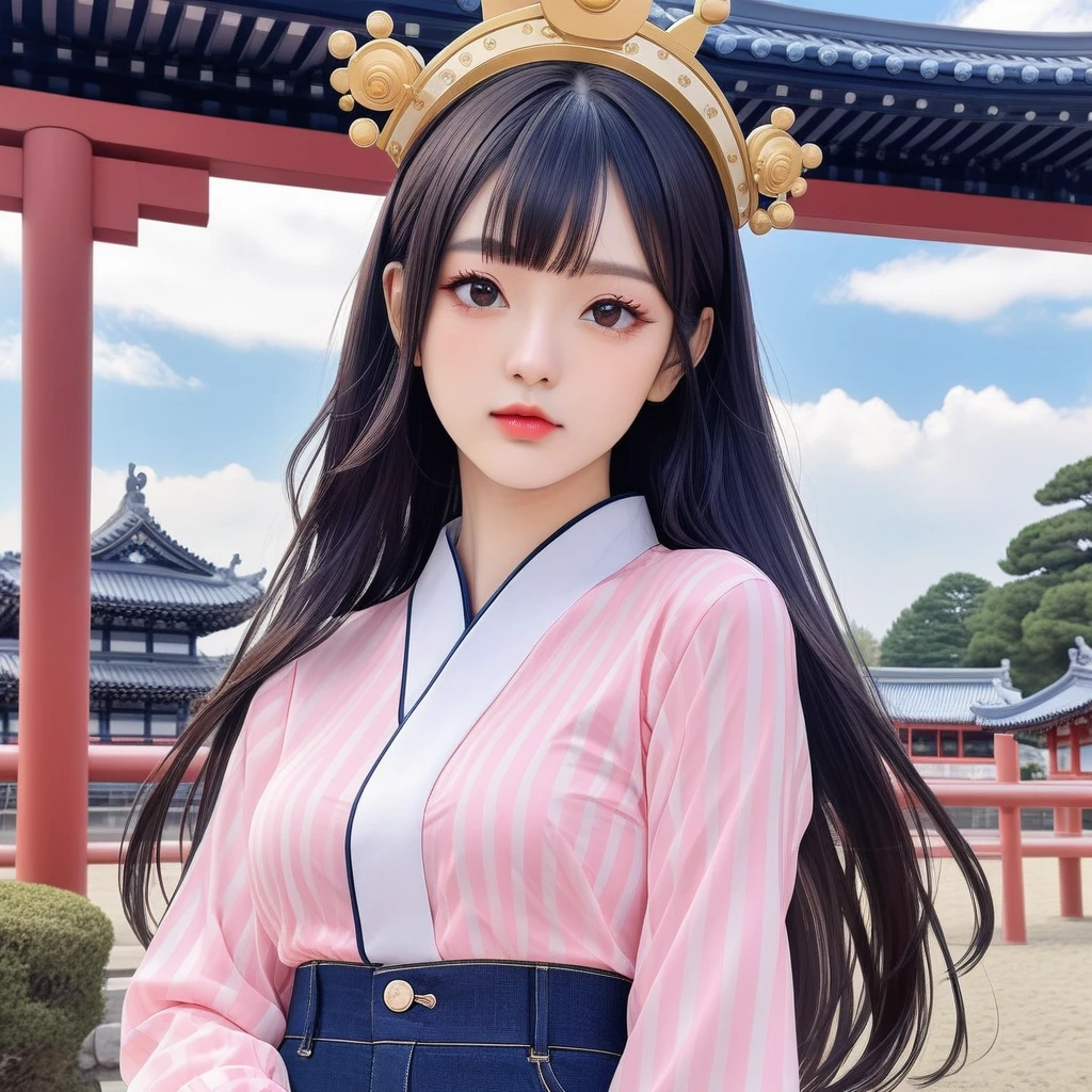 A very beautiful half-breed Uzbek Korean girl, anime cosplayer style hair with a crown made of clouds around her head. wearing a pink slim pit long-sleeved silk shirt with small white stripes, dark blue jeans, posing like a professional cosplayer model in a VVIP class Fantasy park with ukiyo-e style. Ultra detailed realistic photography with crystal sense technology. Ultra HD