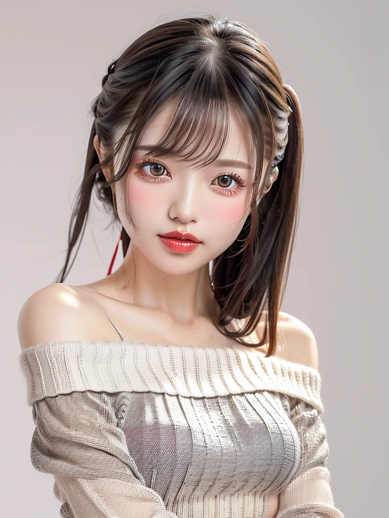 Beautiful breasts,(Neat,    elegant:1.4),,(adult,1.4),(Clear Eyes:1.4),(    is so cute:1.2),(Small breasts:1.2),   ((( eyeshadow、Red lipstick))), gentle smile,   wide shot ,(Highly detailed debtace and skin texture:1.4),(Alone:1.3),    best quality   ,masterpiece,   Ultra-fine ,(Realistic:1.3),(8K Ultra HD, RAW Photos:1.2),35mm Lens, debt/1,(Detailed eyes:1.2), double eyelid,(      white background  : 1.3) ,( standing pose,debtull body:1.4、Off-the-shoulder knitwear、   medium distance photo shoot   、((( 1.85)))、(((young、、 girl)))、 (((  ))) 、Clear skin texture、Shiny Hair。