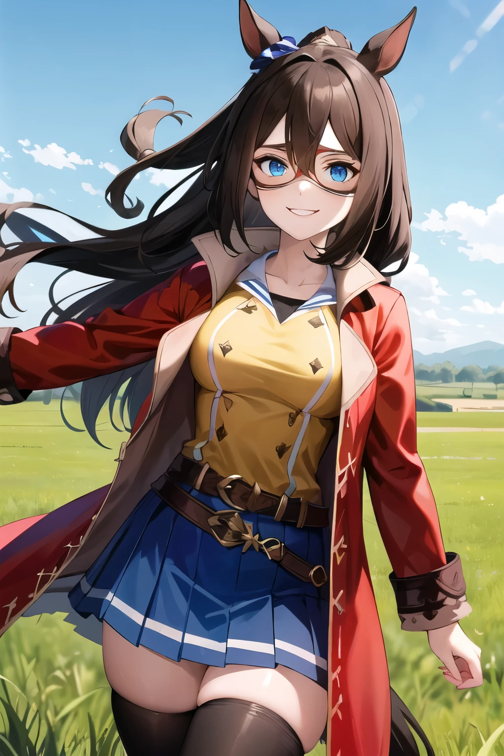 masterpiece, Best Quality,  Kampala, Aer Condor,  blue eyes ,  animal ears ,  hair between eyes ,  domino mask, Horse tail,  yellow shirt, Red coat, belt,   blue skirt  ,  pleated skirt, Thigh length,  cowboy shot,  in the center standing, Outdoor, Field, Straight,, smile