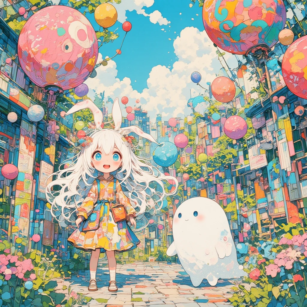 a white hair girl with long bunny ears and transparent ghost is playing in the park, chibi,vivid color,high contrast,pencil style,,,,,,,intricate art work, ultra detailed, many colorful baroons over them , detailed background,