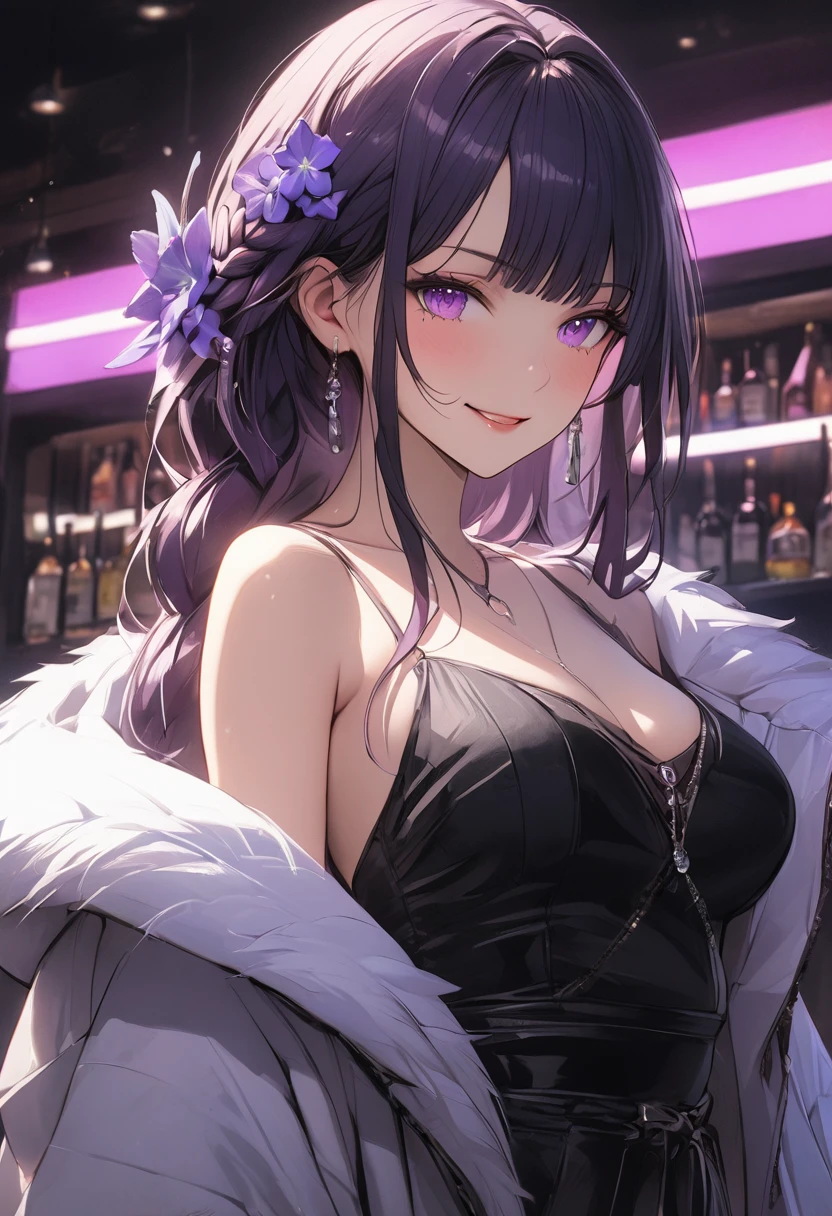 a gorgeous woman in a black leather long dress, off shoulder, wearing a white fur coat, beauty spots, sitting on a chair, in a night bar background, indoor, neon light, vibrant colors, hyper detailed, 8k, high quality, cinematic lighting, dynamic pose,raiden shogun, braid, braided ponytail, hair flower, hair ornament, long hair, mole, mole under eye, purple eyes, purple flower, purple hair, single braid, sidelocks, mature female, whole body, large anime eyes, highly detailed eyes, natural skin, natural skin texture, subsurface scattering, muted colors, skin pores, score_9, score_8_up, score_7_up, (sfw), (cowboy shot, dutch angle:1.2), 1girl, solo, mature female, smiling
