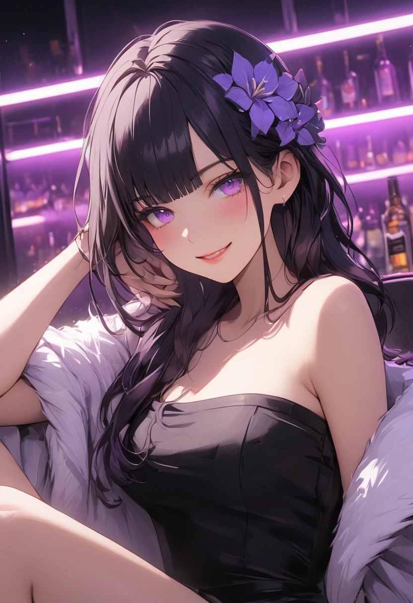 a gorgeous woman in a black leather long dress, off shoulder, wearing a white fur coat, beauty spots, sitting on a chair, in a night bar background, indoor, neon light, vibrant colors, hyper detailed, 8k, high quality, cinematic lighting, dynamic pose,raiden shogun, braid, braided ponytail, hair flower, hair ornament, long hair, mole, mole under eye, purple eyes, purple flower, purple hair, single braid, sidelocks, mature female, whole body, large anime eyes, highly detailed eyes, natural skin, natural skin texture, subsurface scattering, muted colors, skin pores, score_9, score_8_up, score_7_up, (sfw), (cowboy shot, dutch angle:1.2), 1girl, solo, mature female, smiling
