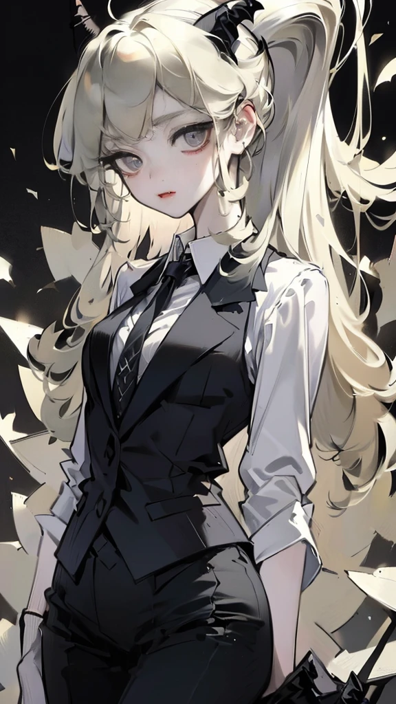 A stunning, high-resolution 4K portrait of a beautiful vampire with detailed, expressive eyes. She has long, sleek white hair, styled elegantly. ((She is wearing vest outfits adorned with golden accessories)), enhancing the cultural elegance. The half-body shot emphasizes her slender figure, and her radiant, flawless skin glows under bright, professional lighting. The setting is highly detailed, with beautifully crafted features, such as the intricate design of the dress. This 2D illustration captures a graceful, forward-facing pose, highlighting her natural beauty in a masterpiece-quality picture.