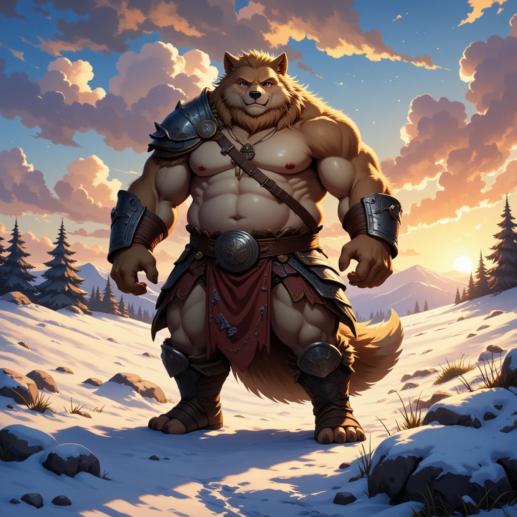 barbarian, a plump middle-aged wolf man, full body in Michelangelo Buonarroti style, housamo style, digital illustration anime, character focus, full body, looking away, dynamic angle, BREAK costume clothes, brief, breast plate, helmet, dynamic pose, detailed painting landscape, evening, snow field, path, outdoor, BREAK complete anatomy, perfect proportions, beautiful thigh gap, fluffy body, intricate fur details, beautiful fur texture, BREAK a detailed wolf 1tail, detailed toe, 5toes, 5toes nails, beautiful foot, detailed hands, 5fingers, 5fingers nails, BREAK aesthetic anime face, insanity detailed face, male face, big face, square jawline, aesthetic anime eyes, detailed brown eyes, detailed brown cornea, detailed dark brown irises, detailed pupils, male eyes, big eyes, male eyebrows, innocent look, beautiful beard, BREAK masterpiece, official art, best quality, very aesthetic, absurdres, super fine illustration, great quality, BREAK noise reduction, very highres, large filesize, high quality, 32K, 8k wallpaper, dynamic lighting, insanity detailed, ultra detailed, intricate details, extremely detailed, detailed texture, an extremely delicate and beautiful, full color, HDR, BREAK e621 illustration, osukemo, kemohomo, anthropomorphic, furry, cartoon, harmonious body, pastoral face, virtuous eyes, epic atmosphere