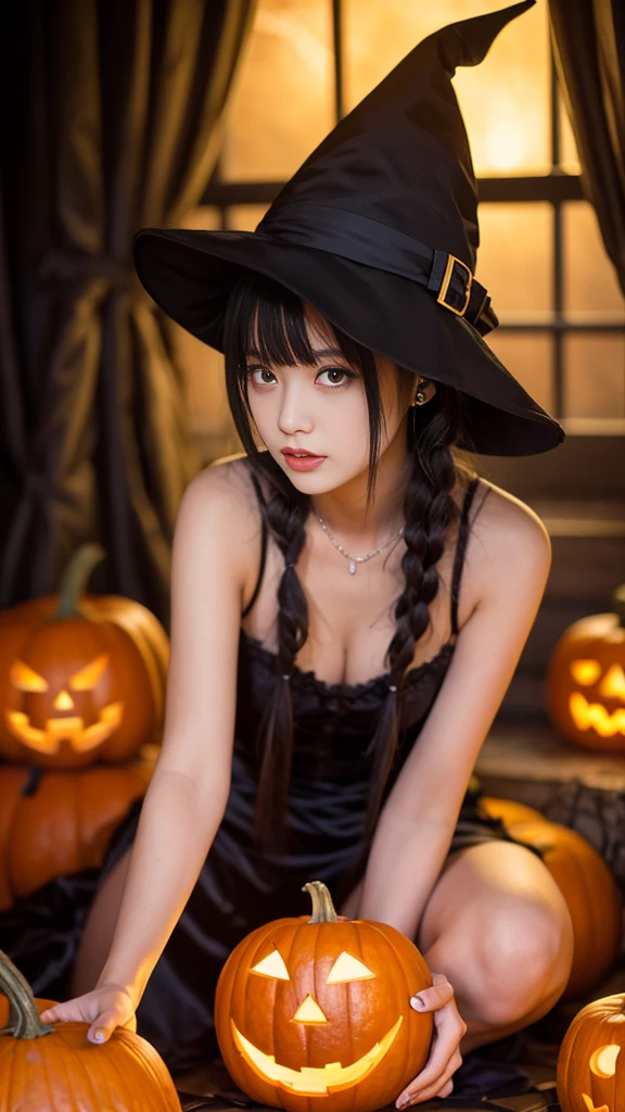 (masutepiece, Best Quality:1.2), 8K, 18year old, 85 mm, Official art, Raw photo, absurderes, White dress shirts, Pretty Face, close up, Upper body, violaceaess, gardeniass, Beautiful Girl, (Detailed Halloween costumes with frills,Witch Hat:1.3), (model poses:1.3), Cinch West, thighs thighs thighs thighs, Hair over one eye, On the street at night、garterbelts, Looking at Viewer, No makeup, (Smile:0.4), Film grain, chromatic abberation, Sharp Focus, face lights, clear lighting, Teen, Detailed face, Bokeh background,