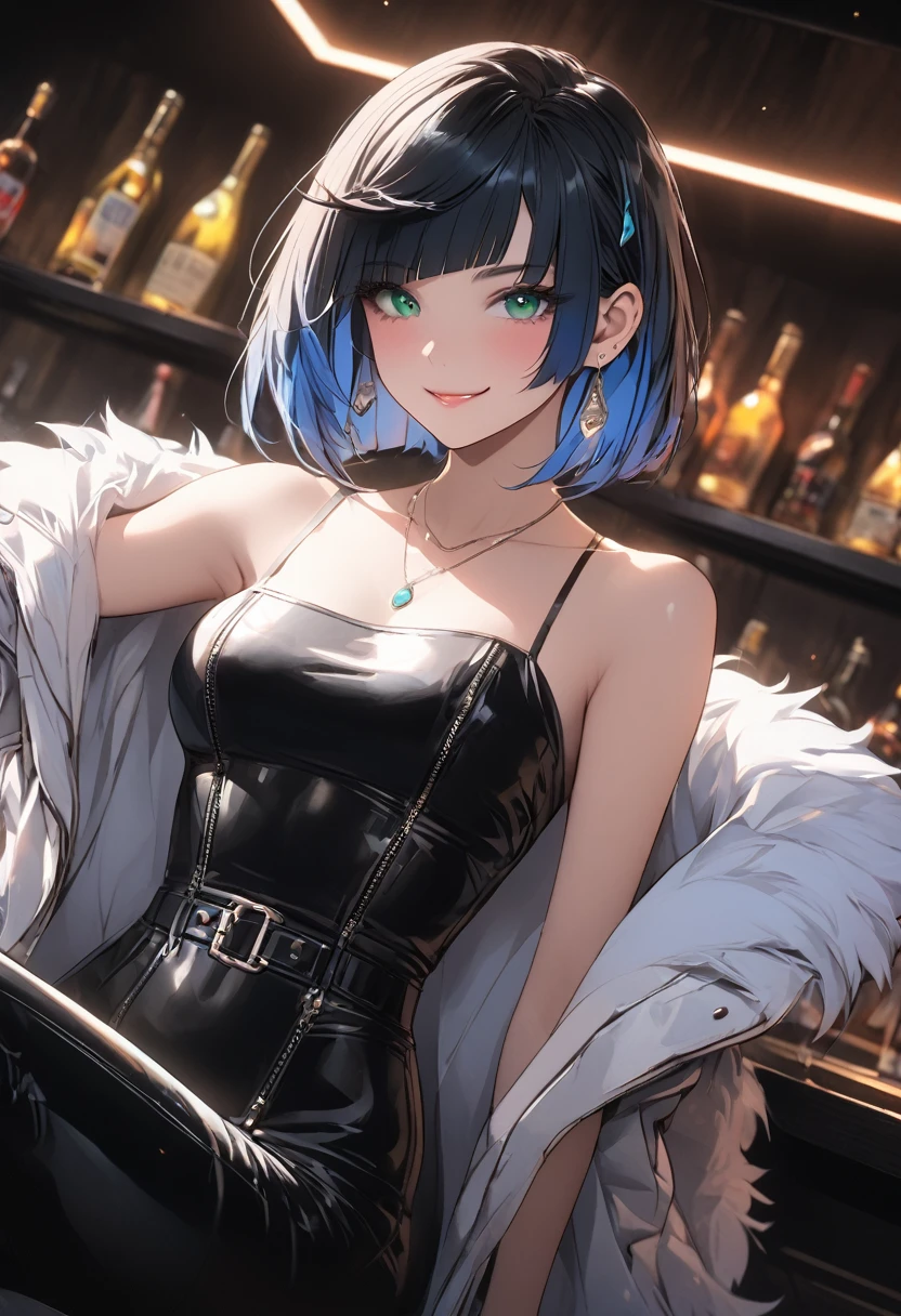 a gorgeous woman in a black leather long dress, off shoulder, wearing a white fur coat, beauty spots, sitting on a chair, in a night bar background, indoor, neon light, vibrant colors, hyper detailed, 8k, high quality, cinematic lighting, dynamic pose, yelan, black hair, blue hair, eyebrows hidden by hair, green eyes, multicolored hair, short hair, whole body, large anime eyes, highly detailed eyes, natural skin, natural skin texture, subsurface scattering, muted colors, skin pores, score_9, score_8_up, score_7_up, (sfw), (cowboy shot, dutch angle:1.2), 1girl, solo, mature female, smiling
