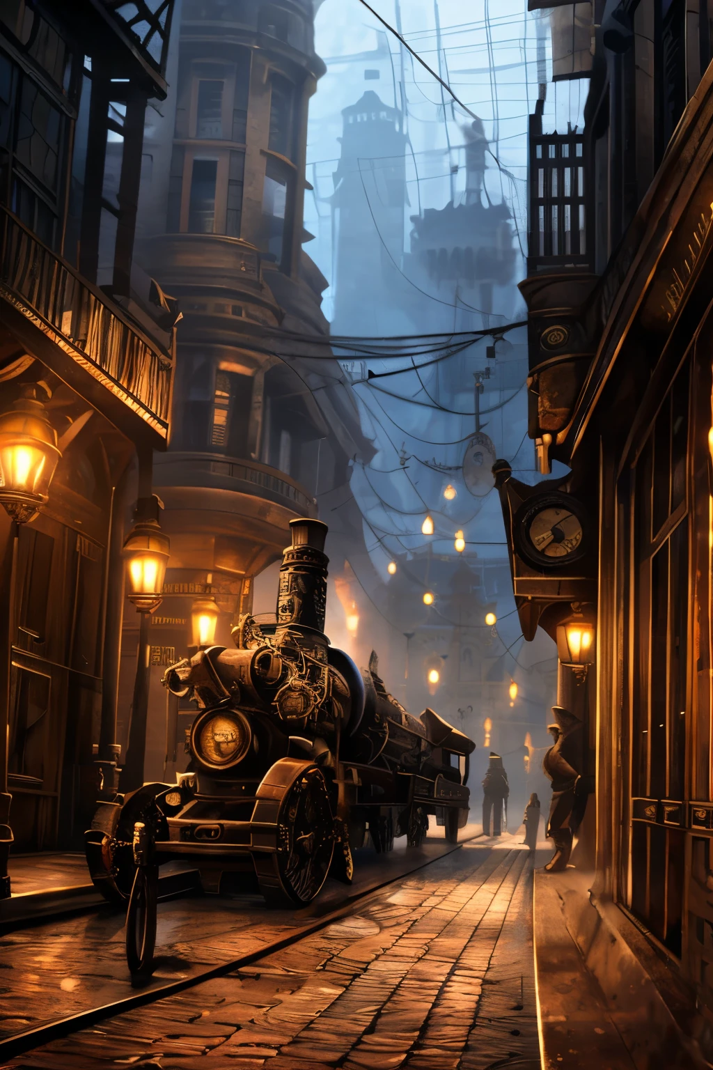 A steampunk-style vehicle, steam-powered, street lamps, cobblestone road, detailed machinery, intricate gears, brass accents, Victorian era architecture, moody lighting, warm color tones, highly detailed, 8k, photorealistic, cinematic composition, dramatic shadows, depth of field, volumetric lighting, steampunk, dieselpunk, industrial, retro-futuristic