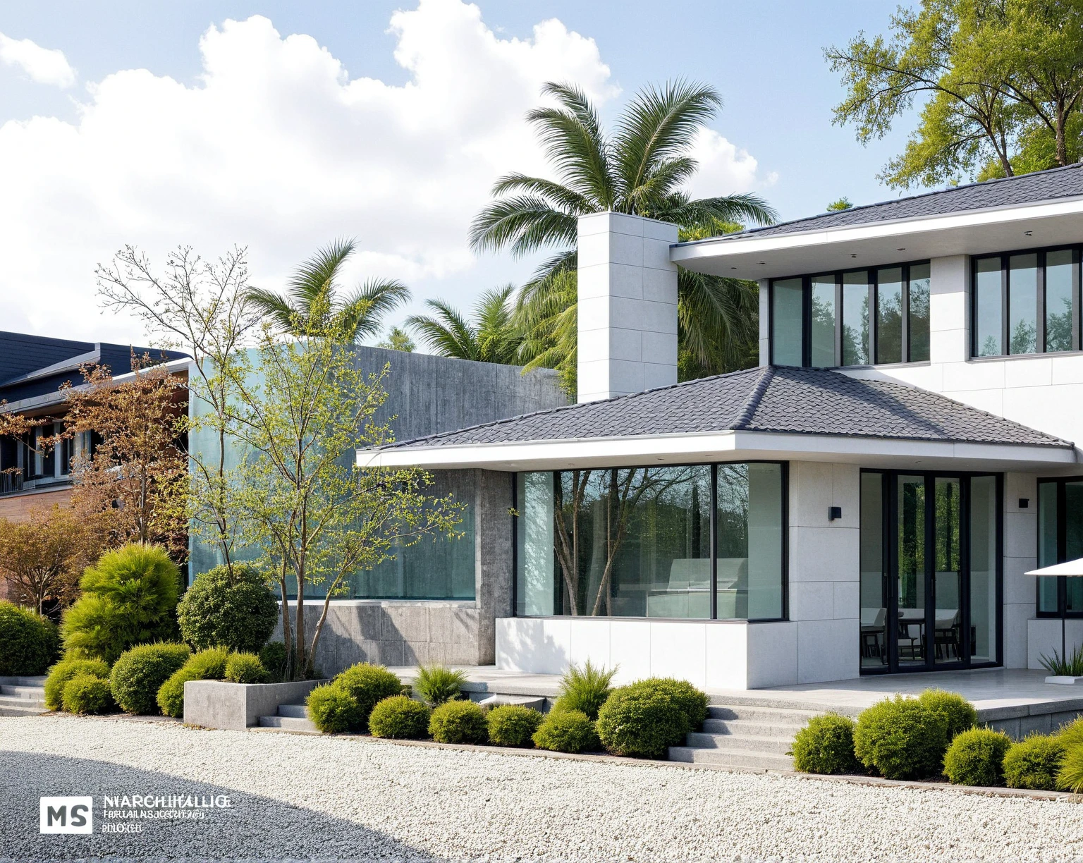 Raw photo,Masterpiece, high quality, best quality, realistic, super detailed, exterior, outdoor, This image shows a modern, minimalist two-story house with a sleek white facade and large floor-to-ceiling windows. The building has clean, rectangular lines and an open, geometric design, featuring a mix of glass and concrete materials. A small garden with neatly trimmed bushes and trees surrounds the house, adding natural elements to the contemporary architecture. The entryway is set back from the main road, with a wide pathway leading up to it, and there’s a spacious balcony on the upper floor with a glass railing. The background has additional trees, enhancing the house’s modern yet natural atmosphere, clear blue sky, (daylight:1.1), ((actual photo))