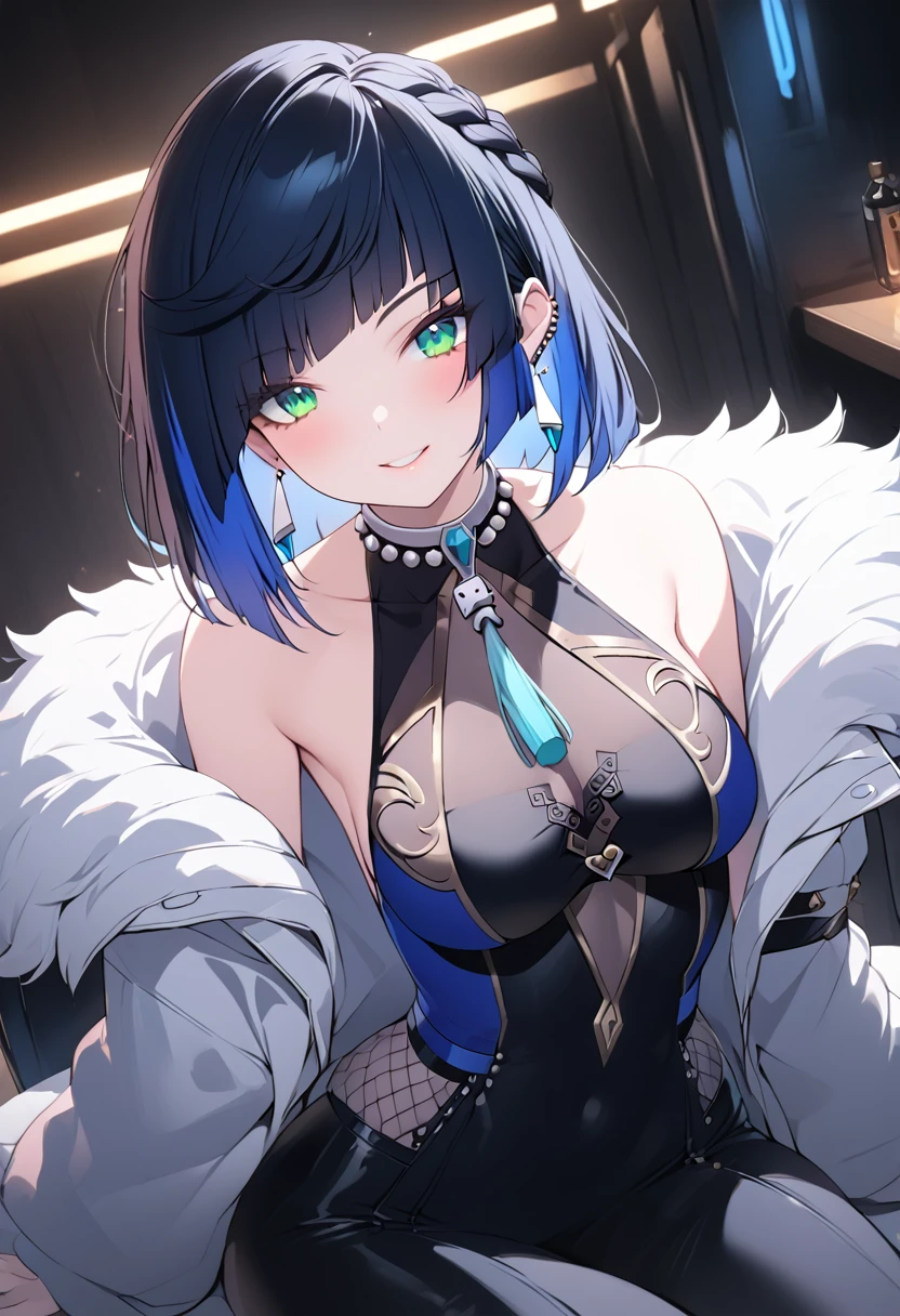 a gorgeous woman in a black leather long dress, off shoulder, wearing a white fur coat, beauty spots, sitting on a chair, in a night bar background, indoor, neon light, vibrant colors, hyper detailed, 8k, high quality, cinematic lighting, dynamic pose, yelan, black hair, blue hair, eyebrows hidden by hair, green eyes, multicolored hair, short hair, whole body, large anime eyes, highly detailed eyes, natural skin, natural skin texture, subsurface scattering, muted colors, skin pores, score_9, score_8_up, score_7_up, (sfw), (cowboy shot, dutch angle:1.2), 1girl, solo, mature female, smiling
