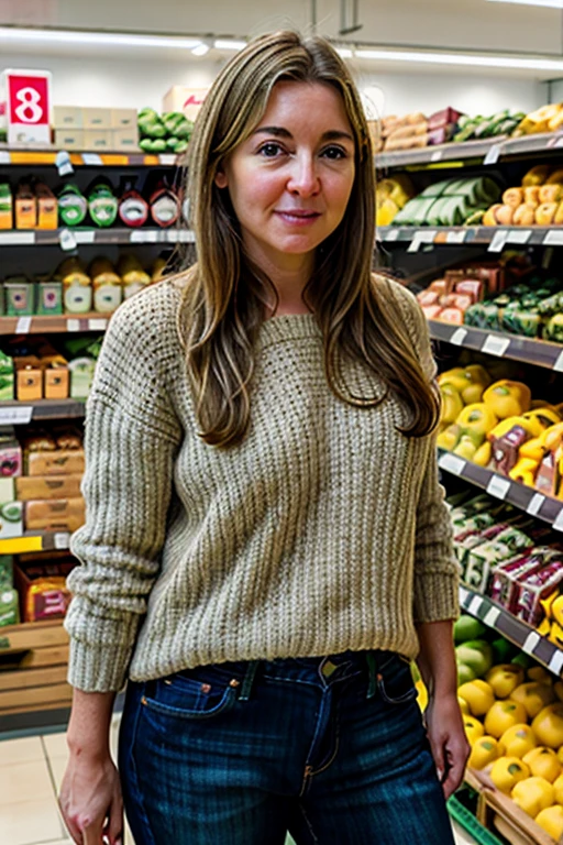 masterpiece, best quality, detailed face, 1girl, realistic, solo, a 40 year old, mature,  v1873c, long_hair, blonde_hair, in a supermarket, in the fresh vegetable section, looking at potatoes, jumper, jeans 