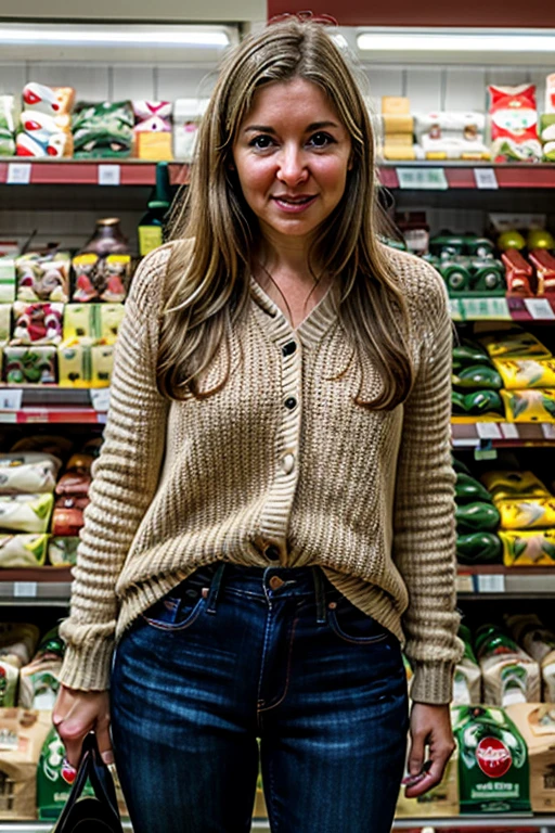 masterpiece, best quality, detailed face, 1girl, realistic, solo, a 40 year old, mature,  v1873c, long_hair, blonde_hair, in a supermarket, in the fresh vegetable section, looking at potatoes, jumper, jeans 