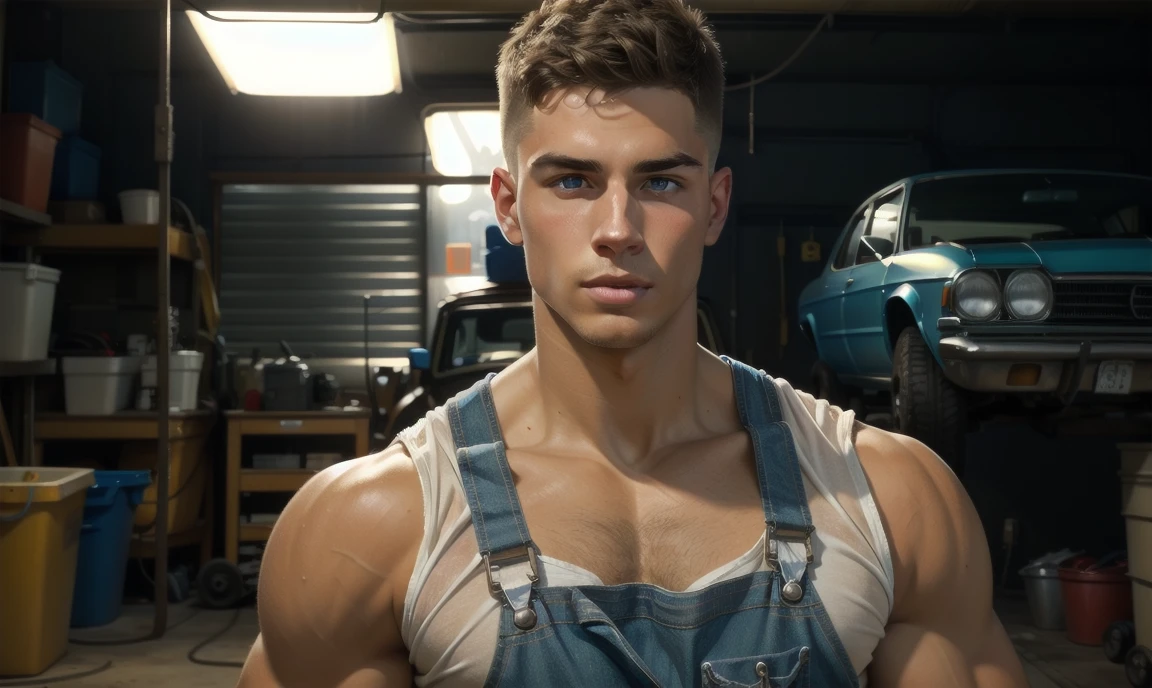 1 man, 21 years old, sexy natural-colored haircut. cute toned charming mechanic in a auto garage, wearing a white muscle shirt under blue overalls. looking at you with clear longing. auto garage background.