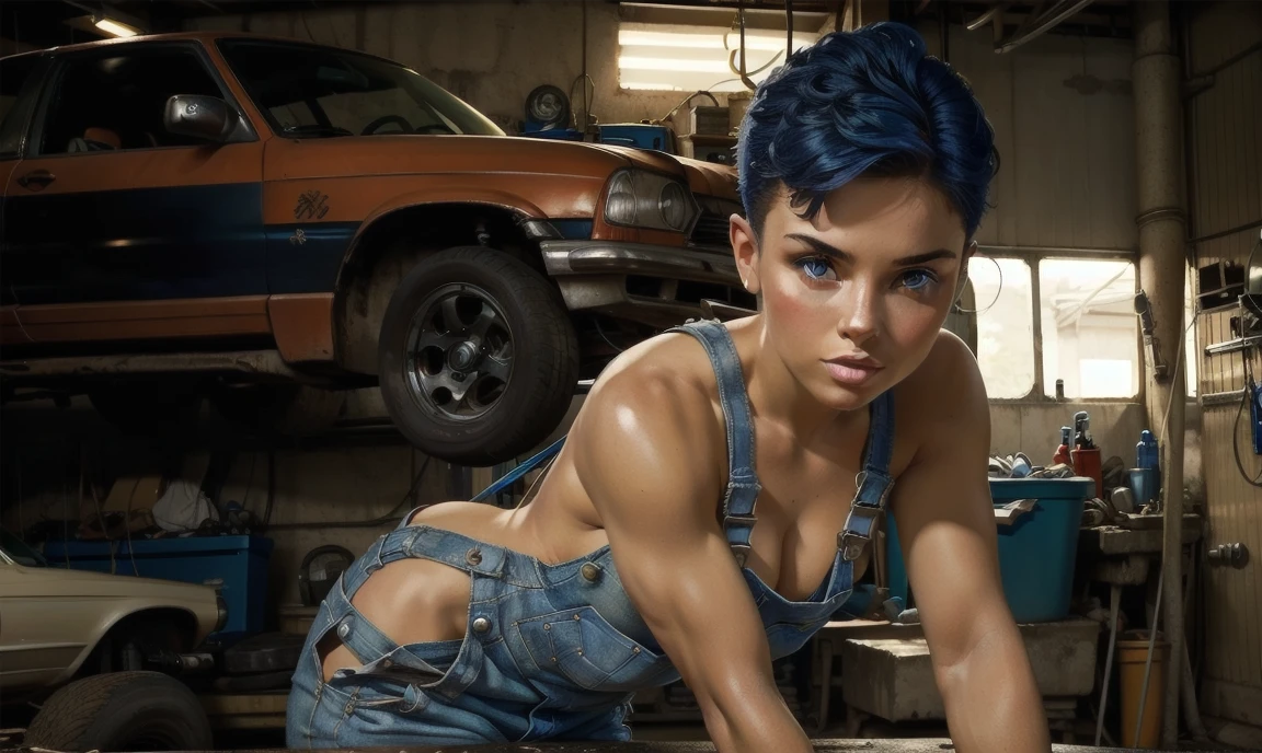 1 woman, 21 years old, sexy natural-colored haircut. cute toned bad-girl charming mechanic in a auto garage, wearing a modest white tank top under blue overalls. looking at you with clear longing. auto garage background.