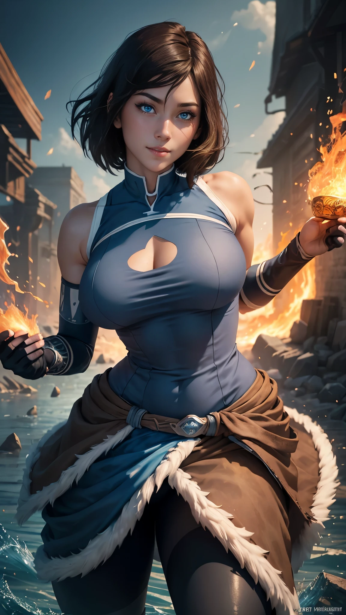 Korra da avatar,(best quality, 4K,8k,high resolution,work of art:1.2)(weather: daylight), artic  background, spirit realm, wide hips, short straight hair, brown hair, freckles, sleeveless ninja top, ninja belt, dress trail, shinobi leggings, ninja harness, fur boots, elbow long gloves, light makeup, dark eyeliner, blush, flirting pose, glowing eyes, ultra detailed, portrait, realistic, beautiful detailed blue eyes, beautiful detailed lips, extremely detailed eye and face, long eyelashes,average, large breasts, flying hair, beaming smile, sexy smile, powerful girl, bright coloured, dramatic lighting, fire earth and water bending,