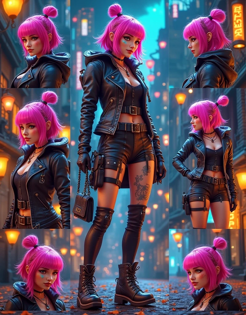 a photorealistic character sheet in a 9x9 grid layout featuring a single consistent character: a cyberpunk femme fatale woman. Each square should showcase different aspects of her design, including close-ups of her striking features, such as neon-colored hair and piercing eyes enhanced with cybernetic implants. Include variations of her outfits, highlighting sleek leather jackets, high-tech accessories, and edgy footwear. Add elements like tattoos and glowing circuitry on her skin. The background should be a dark, futuristic cityscape with neon lights, emphasizing the character's bold and mysterious persona.