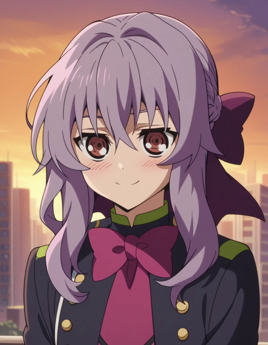 score_9, score_8_up, score_7_up, source_anime,Shinoa Hiiragi,upper body, looking at viewer, smile, blush, overgrown city, 