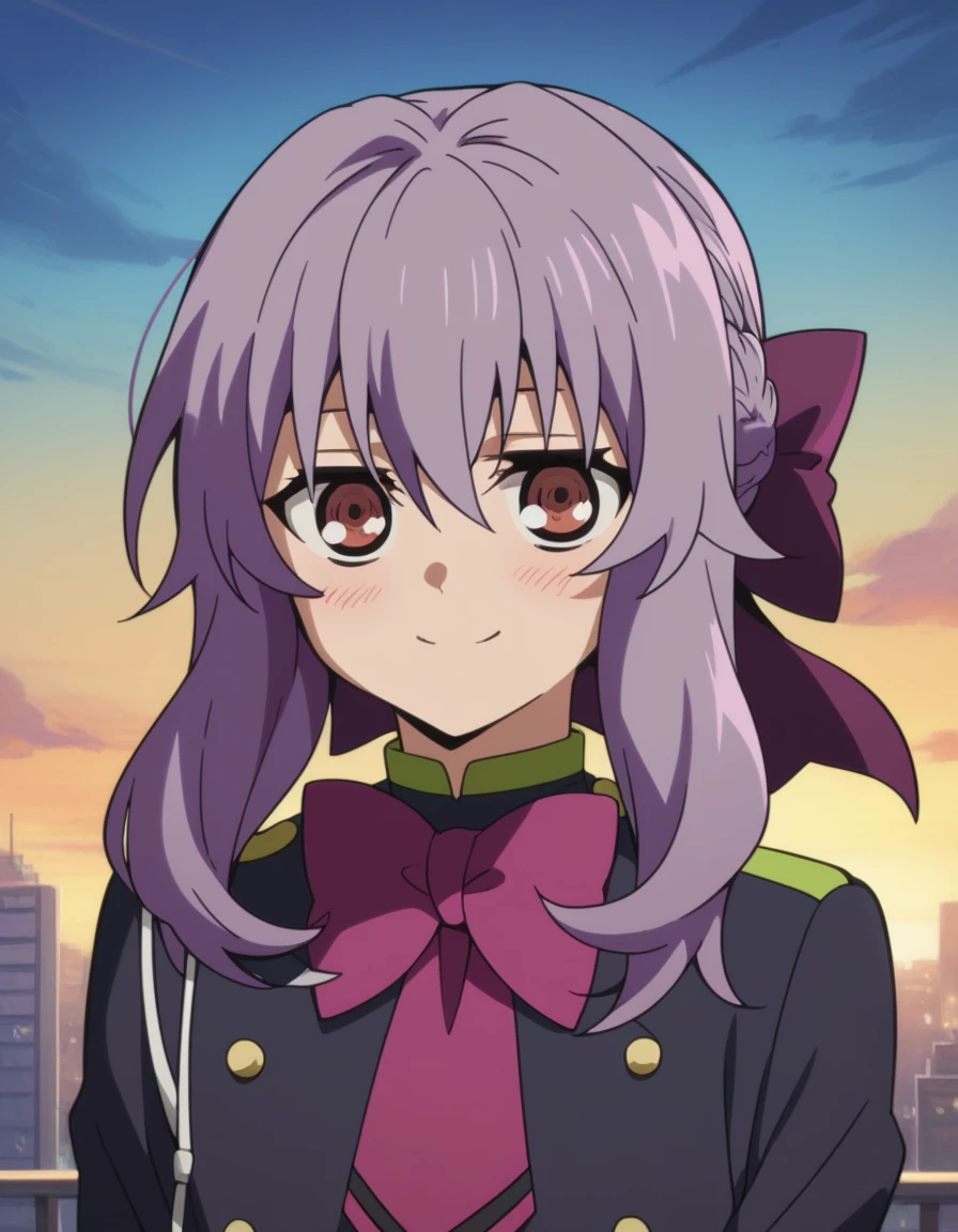 score_9, score_8_up, score_7_up, source_anime,Shinoa Hiiragi,upper body, looking at viewer, smile, blush, overgrown city, 