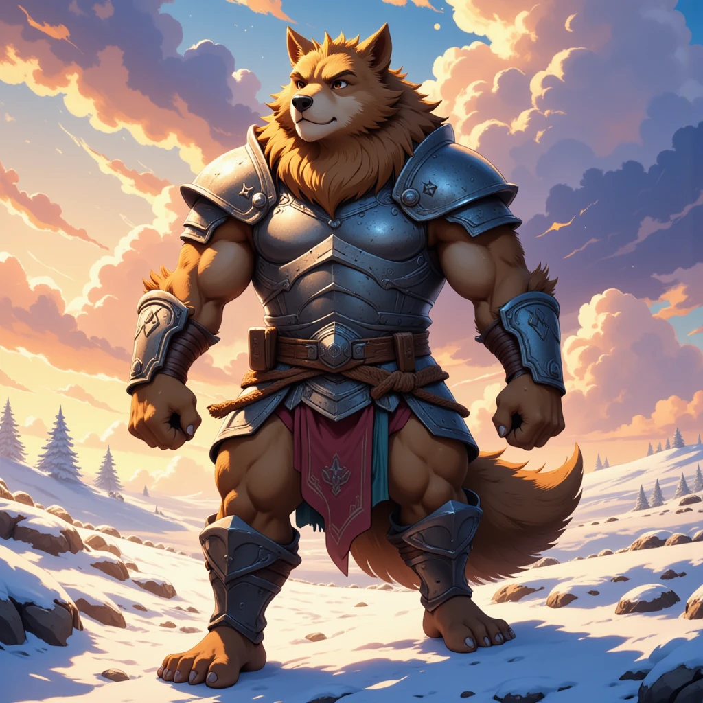 character focus, full body, looking away, dynamic angle, barbarian, a muscular middle-aged wolf man, full body in Michelangelo Buonarroti style, housamo style, digital illustration anime, BREAK costume clothes, brief, breast plate, helmet, dynamic pose, detailed painting landscape, evening, snow field, path, outdoor, full color, HDR, BREAK complete anatomy, perfect proportions, beautiful thigh gap, fluffy body, intricate fur details, beautiful fur texture, BREAK a detailed wolf 1tail, detailed toe, 5toes, 5toes nails, detailed foot, detailed hands, 5fingers, 5fingers nails, BREAK aesthetic anime face, insanity detailed face, male face, big face, square jawline, aesthetic anime eyes, detailed brown eyes, detailed brown cornea, detailed dark brown irises, detailed pupils, male eyes, big eyes, male eyebrows, innocent look, beautiful beard, BREAK masterpiece, official art, best quality, very aesthetic, absurdres, super fine illustration, great quality, BREAK noise reduction, very highres, large filesize, high quality, 32K, 8k wallpaper, dynamic lighting, insanity detailed, ultra detailed, intricate details, extremely detailed, detailed texture, an extremely delicate and beautiful, BREAK e621 illustration, osukemo, kemohomo, anthropomorphic, furry, cartoon, harmonious body, pastoral face, virtuous eyes, epic atmosphere